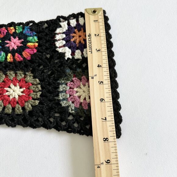 Black Open Front Cardigan Medium Crochet Colorful Granny Square Sleeve Boho - Picture 13 of 13